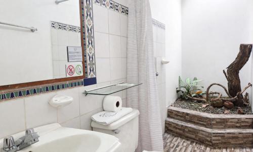 a bathroom with a white toilet and a sink at Hotel 1492 in San José