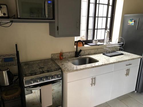 a kitchen with a sink and a stove at Hibiscus House in Bequia