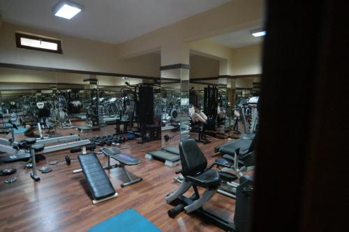 a gym with a lot of exercise equipment in it at Mr. Dim Exclusive Apart Hotel in Göcek