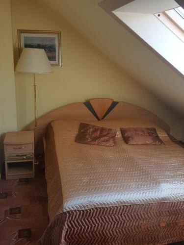 a bedroom with a bed with two pillows on it at Dom Pod Dębami in Wola Kopcowa