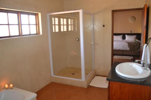 a bathroom with a shower and a sink at Thabaledi Game Lodge in Brits