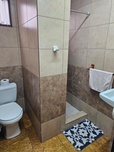 a bathroom with a shower with a toilet and a sink at Apartamento 8 TEC in Cartago