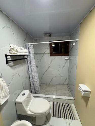 a bathroom with a white toilet and a shower at Alojamiento Golfito in Golfito