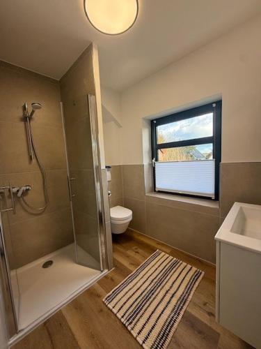 a bathroom with a shower and a toilet and a window at Haakestrasse 1j in Dahme
