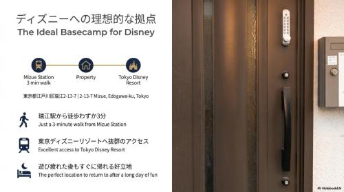 a sign on a door that reads the ideal scenario for delivery at 2min walk from the station Convenient for sightseeing in Tokyo Direct access to Shinjuku and Akihabara! Use of the Toei Shinjuku Line, 3-story house for rent in Tokyo