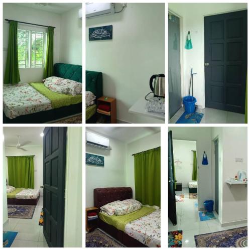 four pictures of a room with a bed and a door at All Rushd Private Pool Homestay in Sungai Besar