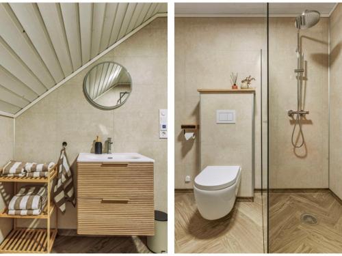 two pictures of a bathroom with a toilet and a shower at The Nordic Loft in Bergen