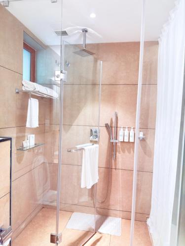 a shower with a glass door in a bathroom at KTDC Malabar Courtyard in Mulappilangād