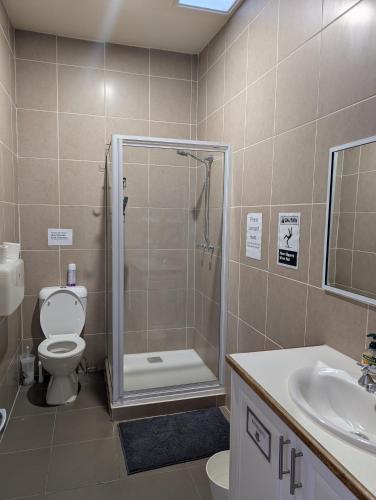 a bathroom with a shower and a toilet and a sink at The Gympie Empire in Gympie