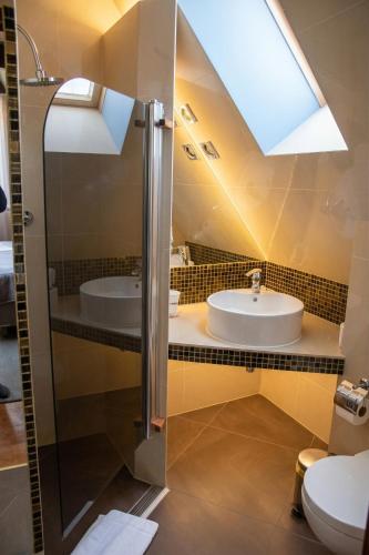 a bathroom with a shower and a sink at Heban Hotel in Toruń