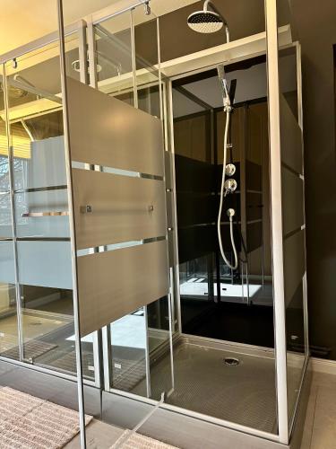 a shower in a room with a mirror at City Apartment Hamburg Work Relax Repeat in Hamburg