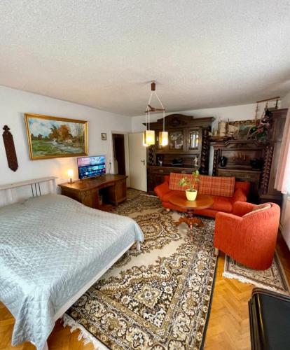 a bedroom with a bed and a couch and a table at Strand Haus Am Walde in Trassenheide