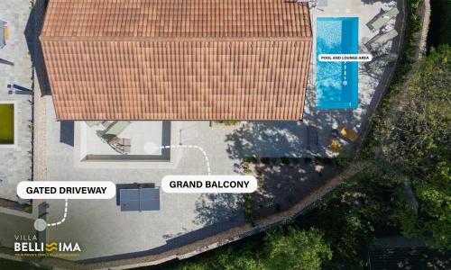 an overhead view of a yard with a pool and a roof at Villa Bellissima Malinska - Privater Pool, 4 Schlafzimmer, ruhige Lage in Malinska