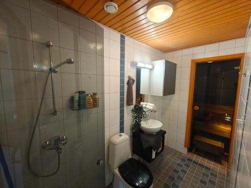 a bathroom with a shower and a toilet and a sink at As 8 Viima inc Sauna in Valkeakoski