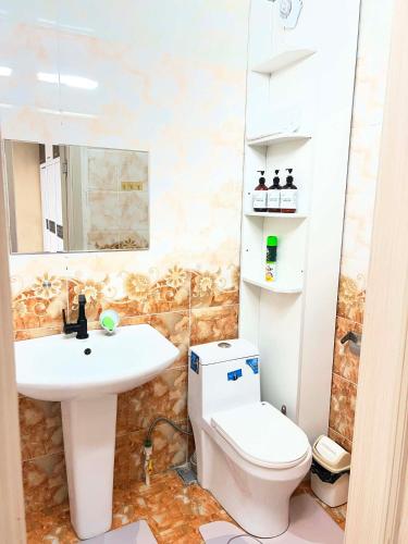 ein Badezimmer mit Toilette und Waschbecken in der Unterkunft Cozy apartment in downtown Ulgii in Ölgii