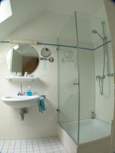 a bathroom with a glass shower and a sink at Hotel Altes Gasthaus Düsterbeck in Emsdetten