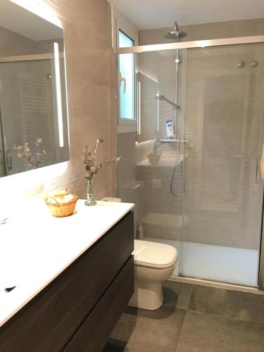 a bathroom with a toilet and a glass shower at Aiguaneu Sa Palomera in Blanes