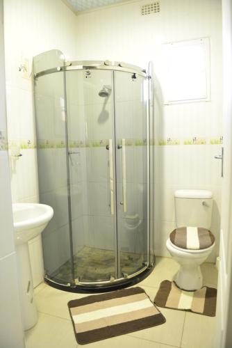 a bathroom with a shower with a toilet and a sink at Asante Apartments in Livingstone