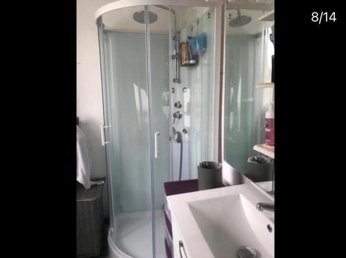 a bathroom with a shower and a white sink at Chambre Maria in Le Pollet