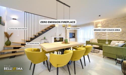 a living room with a table and yellow chairs at Villa Bellissima Malinska - Privater Pool, 4 Schlafzimmer, ruhige Lage in Malinska
