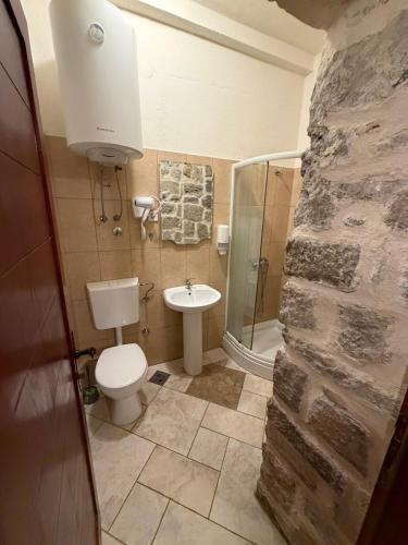 a bathroom with a toilet and a shower and a sink at Old Town Homestel in Kotor