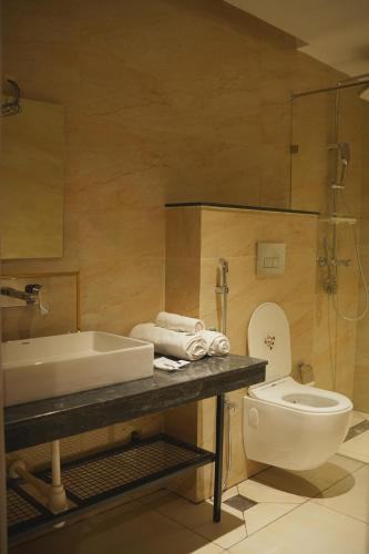 a bathroom with a sink and a toilet at Aanya Taara Resort- Mettupalayam in Mettuppālaiyam