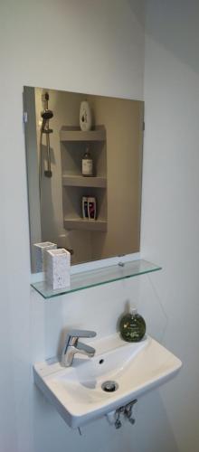 a bathroom sink with a large mirror above it at Central Microflat, free parking, garden BBQ, LegoHouse, Legoland, in Billund