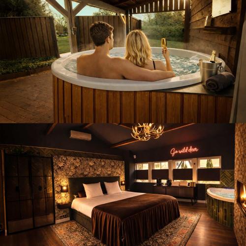 a man and woman in a bath tub with a bed at Wellness Tuin - Ultieme Partner Beleving - St Hubertus Suite met Indoor Jacuzzi, Openhaard, Privé Hottub en Privé Sauna in Jachthut stijl - Gratis Fles Prosecco & Leuke Partner connect box ! in Horst
