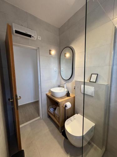 a bathroom with a toilet and a sink and a mirror at Studio Apartments Lovrić in Vodice
