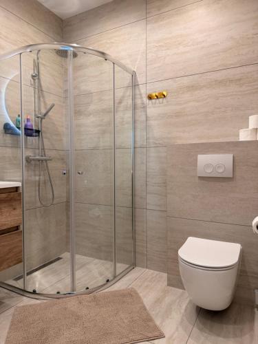 a shower stall in a bathroom with a toilet at Modern luxury studio near City Center Eindhoven in Eindhoven