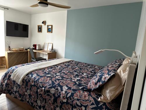 a bedroom with a bed and a ceiling fan at Ar Gwennili Chambres d'Hôtes in Saint-Amant-de-Nouère