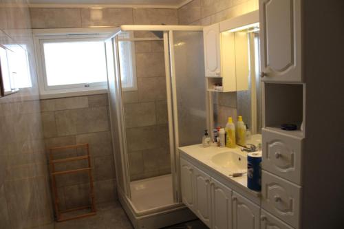 a bathroom with a shower and a sink at Gjesvaer Fishing in Gjesvær