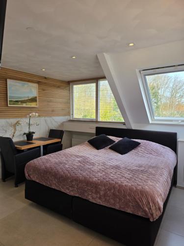 a bedroom with a bed and a desk and windows at Dishoek in Dishoek