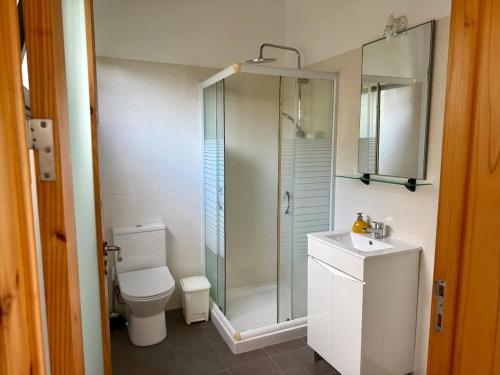 a bathroom with a shower and a toilet and a sink at Casa Caloura Natura Deluxe Accommodation & Spa in Caloura