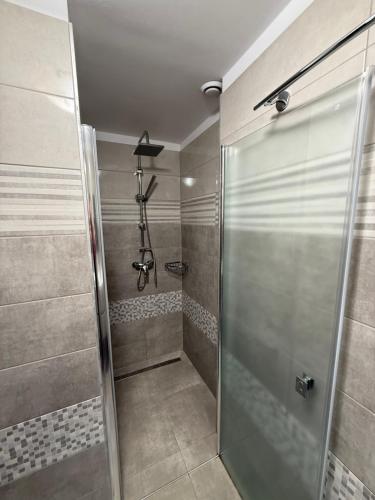 a shower with a glass door in a bathroom at ILK Residence 1 in Alsóörs