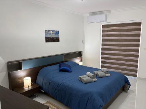 a bedroom with a blue bed with towels on it at Welcome Apartment 13 in Għajn Melel