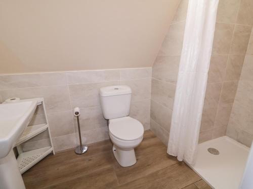 a bathroom with a toilet and a sink and a shower at Cabin 2 Min Larach in Gortahork