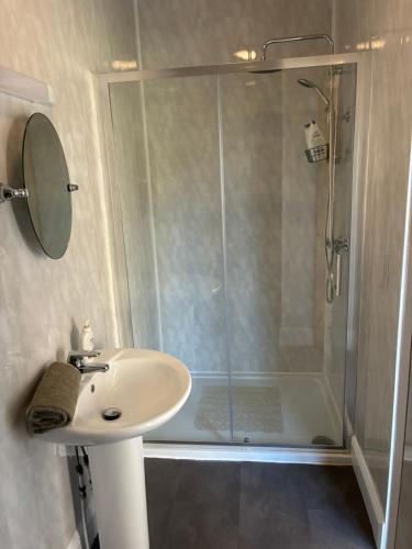 a bathroom with a sink and a shower at The Hermitage Riverside House in Clogheen