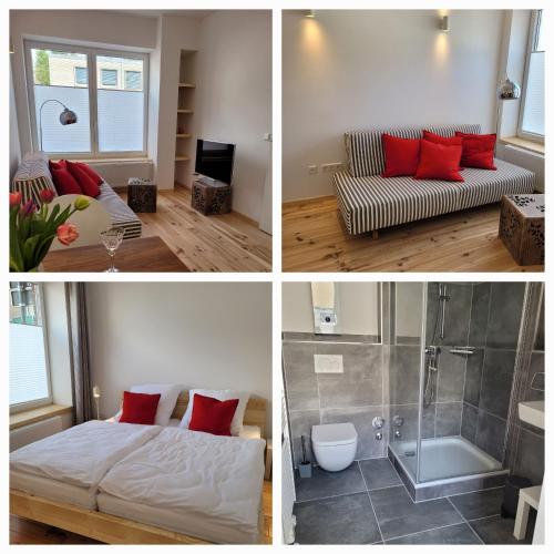 three pictures of a room with a bed and a shower at Haus Sonnen mit 3 Apartments in Nettetal
