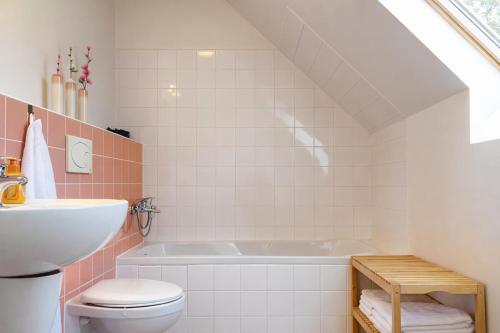 a bathroom with a tub and a toilet and a sink at Symbiola Holiday House in Arnoltice u Decina