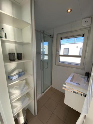 a bathroom with a shower and a walk in shower at Floatinghouse Auszeit - LP11 in Vetschau