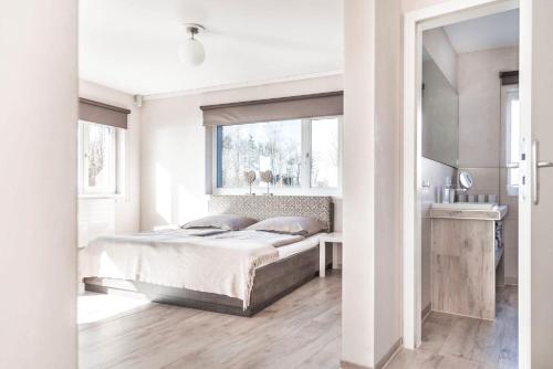 a bedroom with a large bed and a window at Floatinghouse Möwe 1 - LP1 in Vetschau