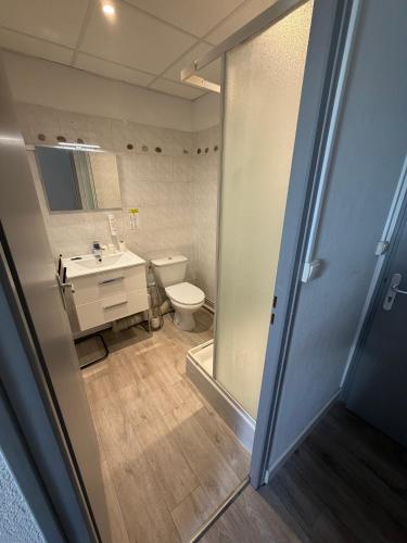 a bathroom with a toilet and a sink and a mirror at Le central in Balaruc-les-Bains