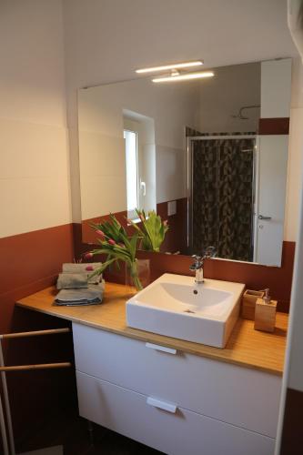 a bathroom with a sink and a mirror at Casetta Amati 2 in Nettuno