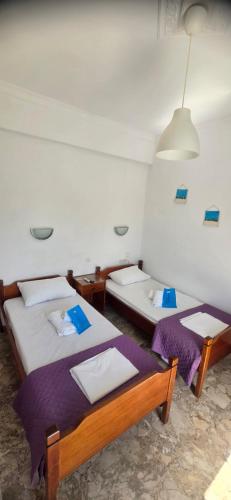 two beds in a room with purple sheets at Pension Panagiota in Spetses