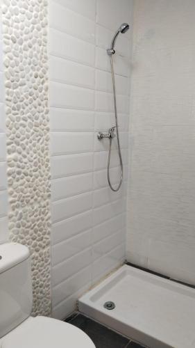 a white bathroom with a shower with a toilet at El Rincón del Olivo in Cartagena