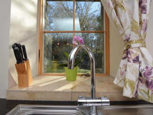 a kitchen sink with a kitchen window with a flower at 2 Bed in Colwyn Bay oc-74147 in Eglwys-Fâch