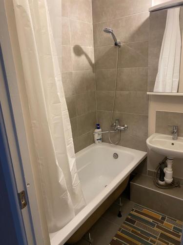 a bathroom with a bath tub and a sink at Straume AP in Valmiera