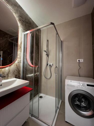 a bathroom with a shower and a washing machine at TUGENDHAT Boutique Suite in Komárov