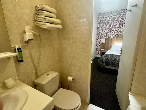 a bathroom with a toilet and a sink and a bed at Logis Hôtel Maison Voltaire in Amboise